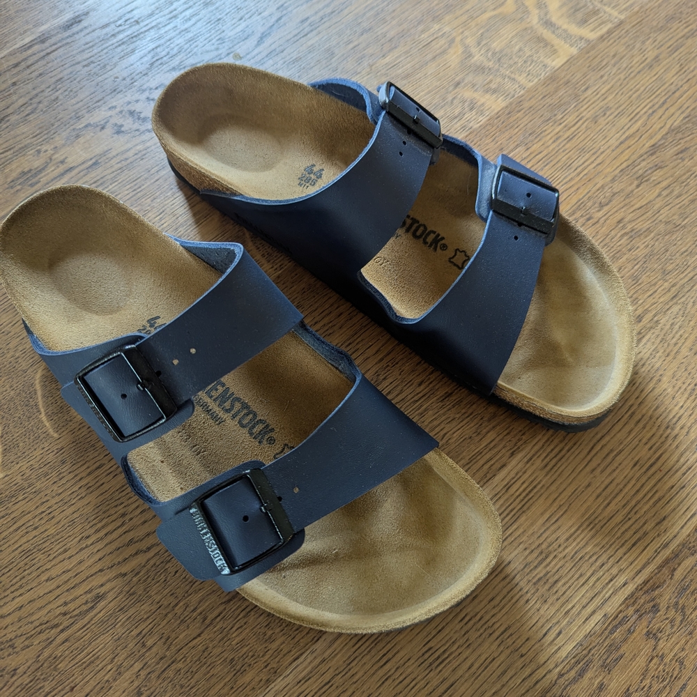Birkenstock Arizona Dark Blue Sandals with Tan Footbed